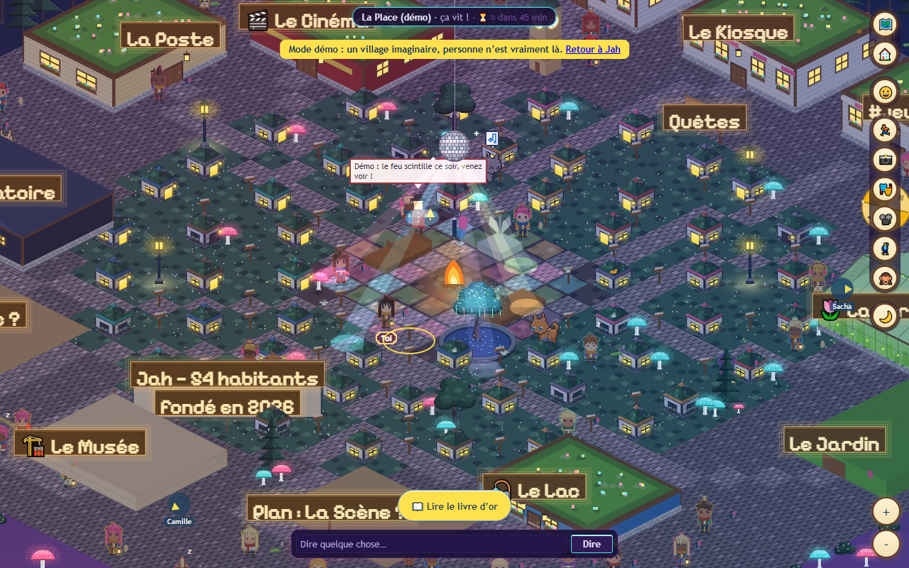 La Place de Jah la nuit, version 4.1.10 — fenêtres chaudes, guirlandes entre les lampadaires, champignons lumineux, arbre-fontaine au centre