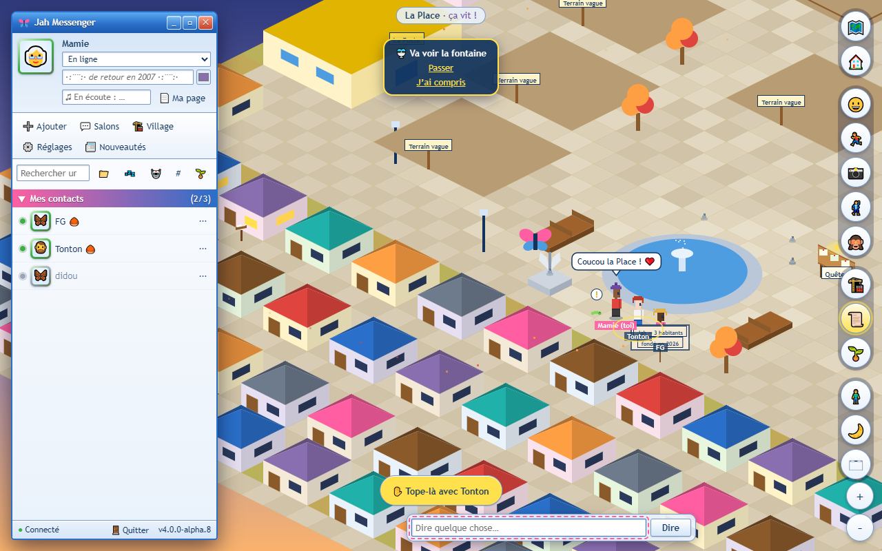 Le village en jeu : avatars, bulles au-dessus des têtes, ondes anonymes